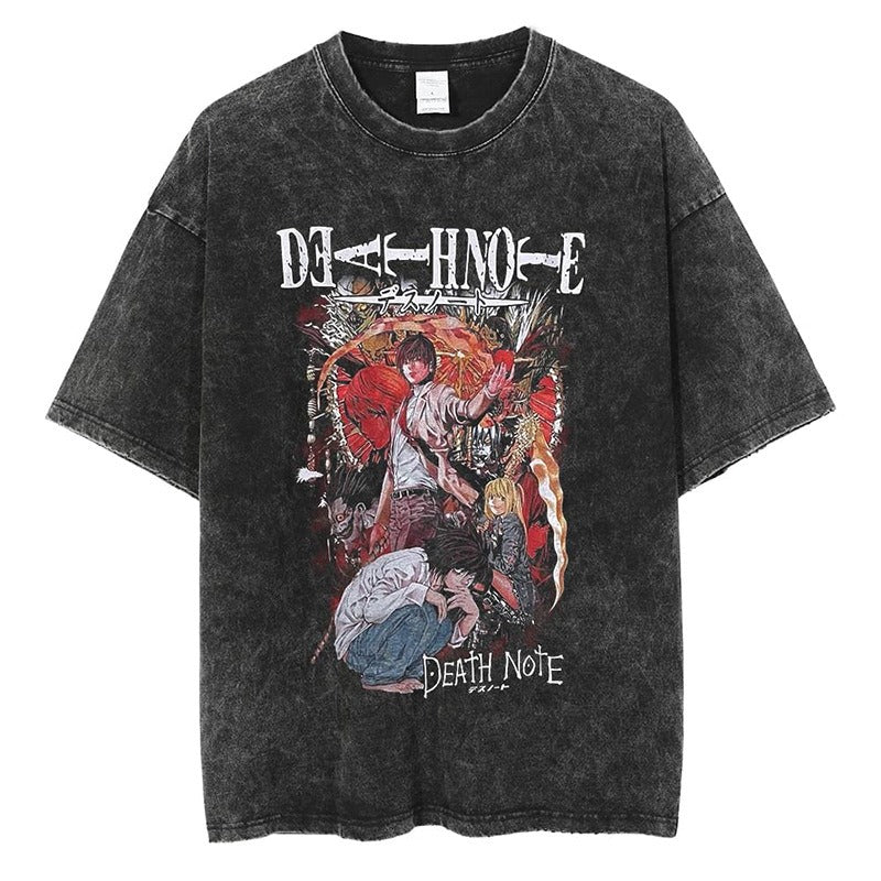Mighty Lifestyle Washed Anime Death Note retro men's short-sleeved t-shirt summer anime peripheral printed loose t-shirt for men - Blerd Shirt Nerd Shirt