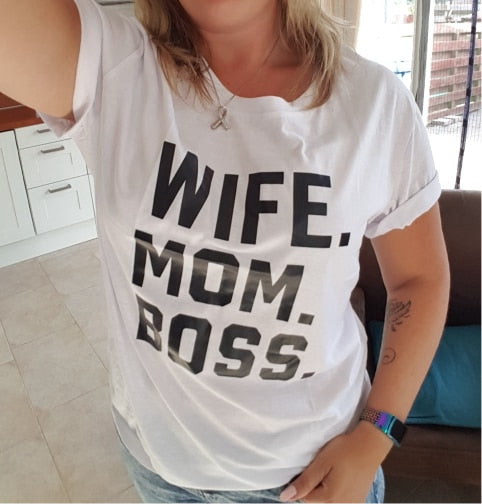 WIFE MOM BOSS Graphic T-Shirt for Women – Casual Cotton Short Sleeve Tee with Letter Print