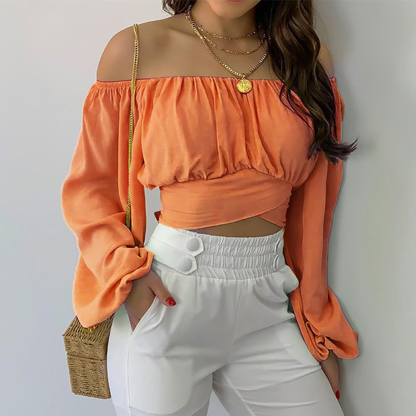 Hillary Heaux Top — Sexy Off-Shoulder Cross Tie Long Sleeve Top for Women | Hot Selling Vacation and Cruise Pullover Blouse | Lantern Sleeve Slim Fit | Europe, America & Caribbean Style