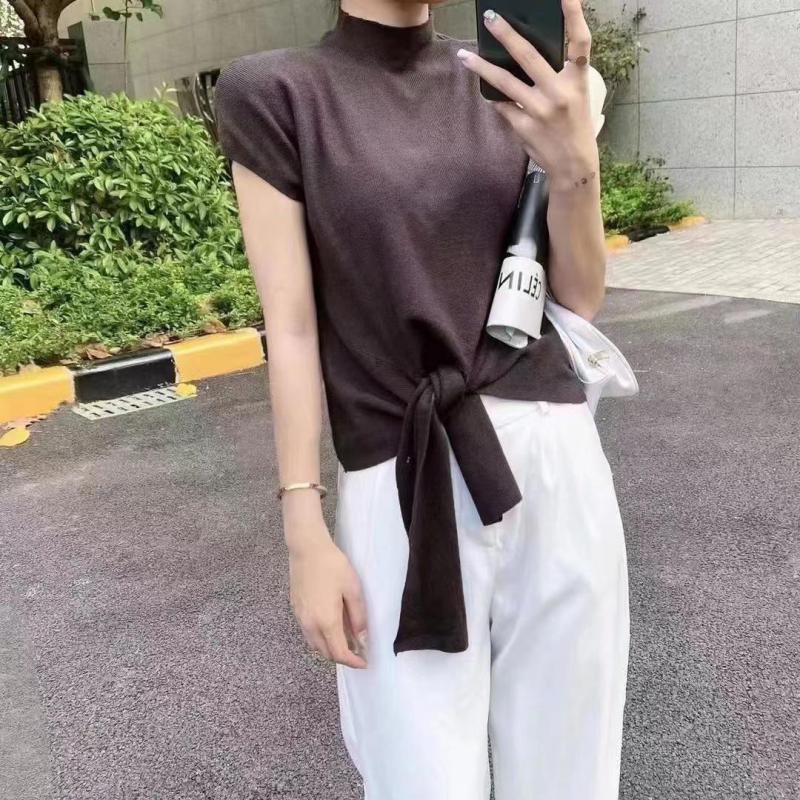 Neutrals Women T Shirt Stand Collar Sleeveless Knitted Tshirt Fashion Solid Bottoming Tee Shirt For Women Female Top Tshirts