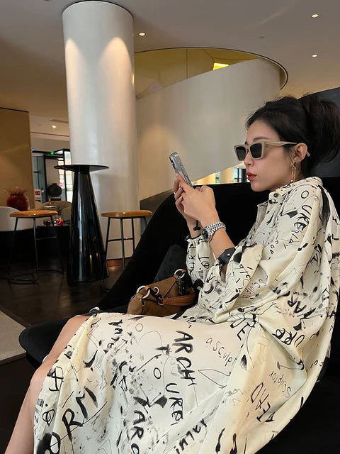 Luxury Modern Loose Chic Moo Moo Dress for Women – Printed Lantern Sleeve Oversized Long Shirt Dress | High-End Loose Fit Kaftan Style Farasha Dress