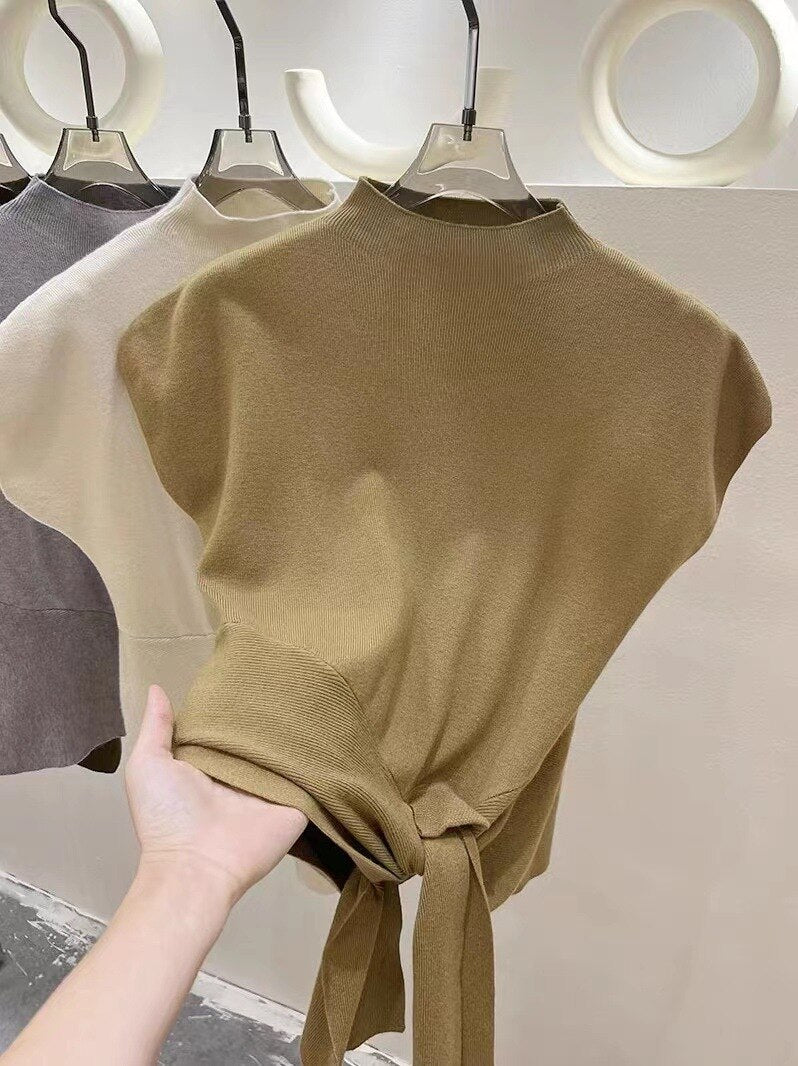 Neutrals Women T Shirt Stand Collar Sleeveless Knitted Tshirt Fashion Solid Bottoming Tee Shirt For Women Female Top Tshirts