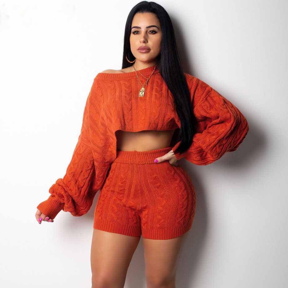 The Kerry | 2 Two Piece Set Women Clothes Autumn Winter Outfits Long Sleeve Knit Sweater Tops+Bodycon Shorts Suit Sexy Matching Sets