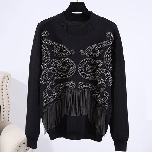 ML Knitting Outfits Women Handwork Beading Chain Tassel Sweater Long Pants Two Piece Set Female Loose Casual Black Knitted Suit 2pc