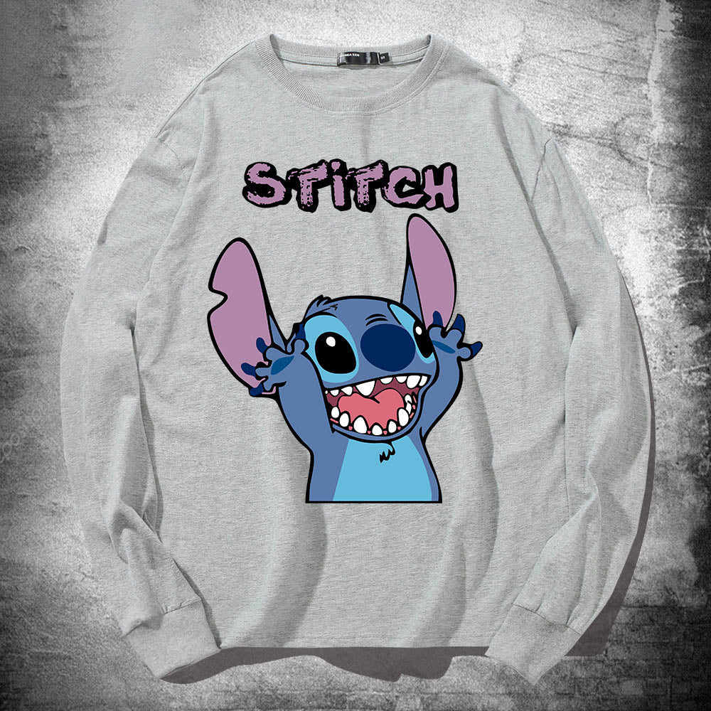 Stitch Long Sleeved T Shirt For Men and Women, Thin Pure Cotton, Loose Fitting, Like Couples Outfit, Round Neck Base Shirt, Clothes On Top