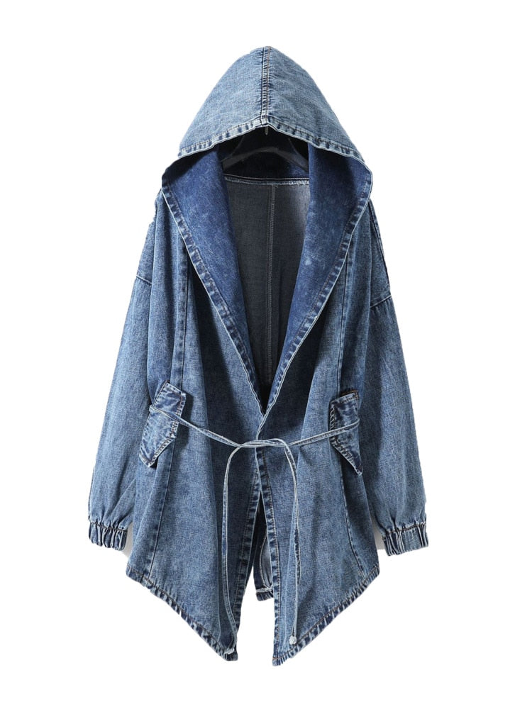 Oversized Denim Hoodie Jacket for Women – Streetwear Jean Trench Coat with Hood, Long Sleeve Casual Outerwear Windbreaker – Trendy Blue Fall Fashion Layer by Denim Jackets Oversized Hoodie Hooded Outerwear Jean Wind Jacket Fashion Design Denim Women Coat