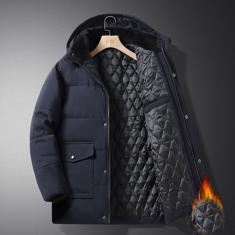 Curry Coat Men’s Winter Velvet-Lined Coat – Thick Warm Hooded Jacket with Cotton Filling, Windproof Mid-Lengmen's winter new style with added velvet and thickened warm cotton clothing, business and leisure mid length hooded plus size men's cotton clothing