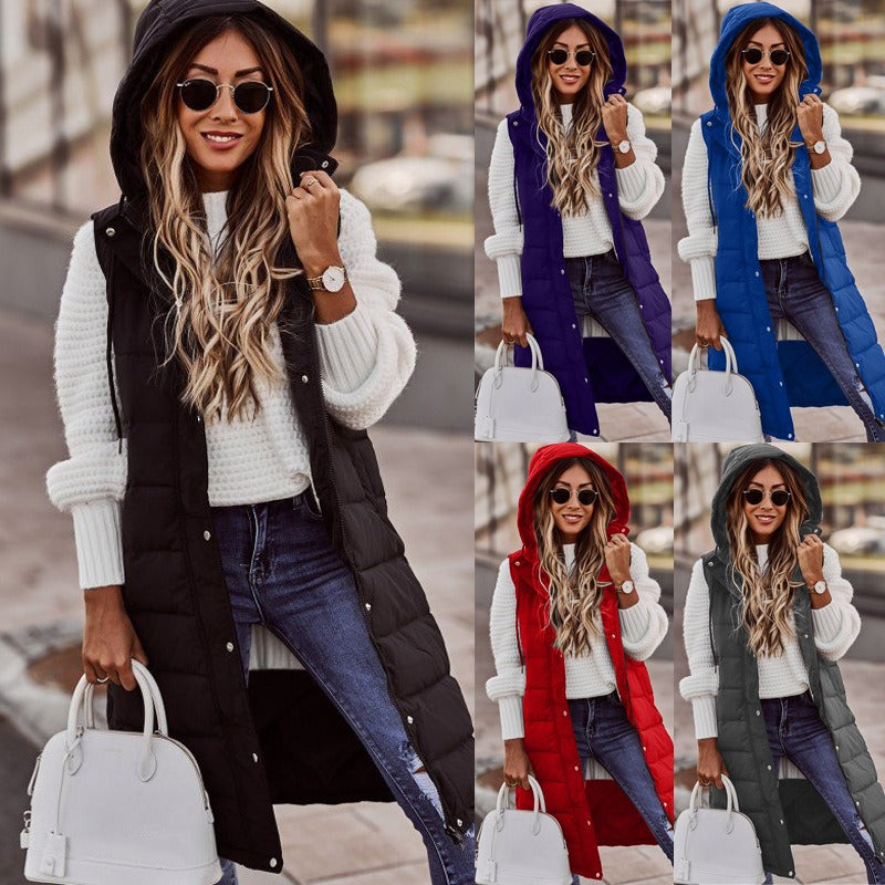 Women’s Hooded Sleeveless Puffer Vest Coat – Mid-Length Cotton-Filled Outerwear Jacket with Zipper, Casual Streetwear Layered Look, Trendy Winter Fashion by Mighty LifNunu Casual Solid Color Hooded Slim Fit Style Sleeveless Cardigan Mid length Cotton Coat