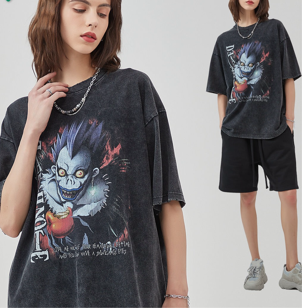 Washed vintage short sleeved T-shirt with distressed edges, white ink direct spray | print VIBE style t-shirt Death Note Anime Shirt