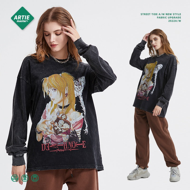 Death Note Digital Printed Long sleeved Retro Trendy Brand Dark Wash Wax Dyed Old T-shirt Anime