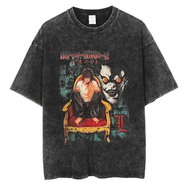 Mighty Lifestyle Washed Anime Death Note retro men's short-sleeved t-shirt summer anime peripheral printed loose t-shirt for men - Blerd Shirt Nerd Shirt