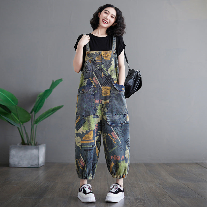 Women’s Retro Printed Denim Overalls – Artistic Loose Fit Jumpsuit, Vintage High Waist Wide Leg Pants, Korean Streetwear Casual One-Piece Fashion | Artistic retro printed denim overalls for women fashionable ankle binding one-piece overalls