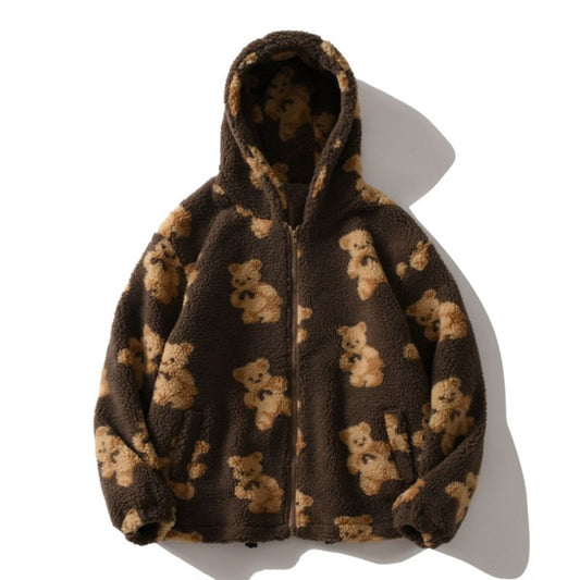 Women’s Teddy Bear Plush Hoodie – Cozy Thickened Winter Zip-Up Sweatshirt with Pockets | Soft Cartoon Bear Print Fleece Jacket | Viral Aesthetic Fall Sweater