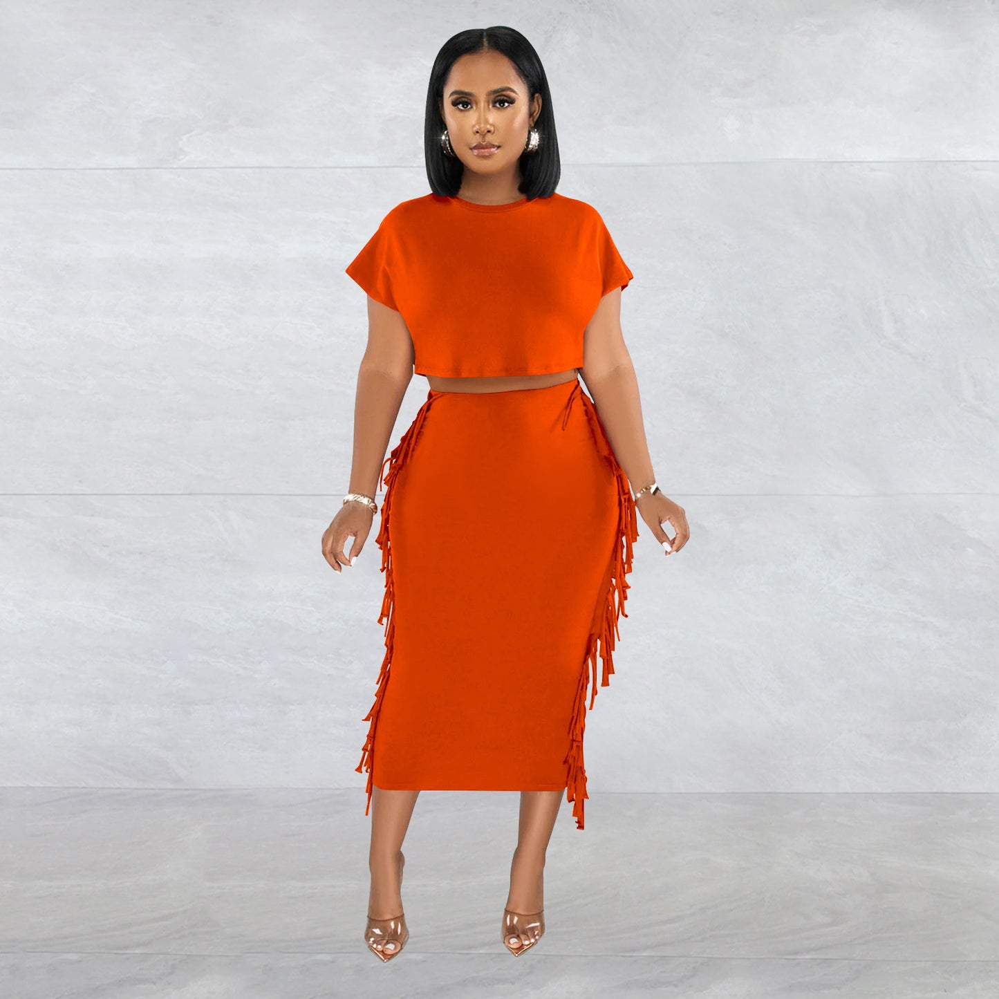 Wilhima Women’s Skirt Set FashionableStyle Solid Color Fringe Round Neck Short Sleeve Long Dress Two-Piece Set