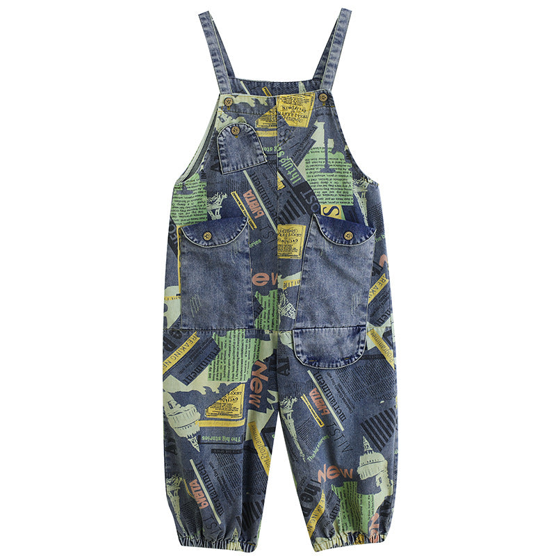 Women’s Retro Printed Denim Overalls – Artistic Loose Fit Jumpsuit, Vintage High Waist Wide Leg Pants, Korean Streetwear Casual One-Piece Fashion | Artistic retro printed denim overalls for women fashionable ankle binding one-piece overalls