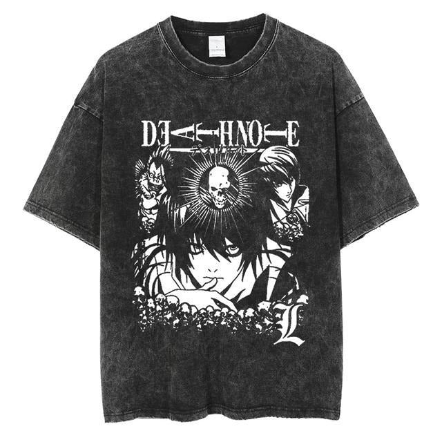 Mighty Lifestyle Washed Anime Death Note retro men's short-sleeved t-shirt summer anime peripheral printed loose t-shirt for men - Blerd Shirt Nerd Shirt