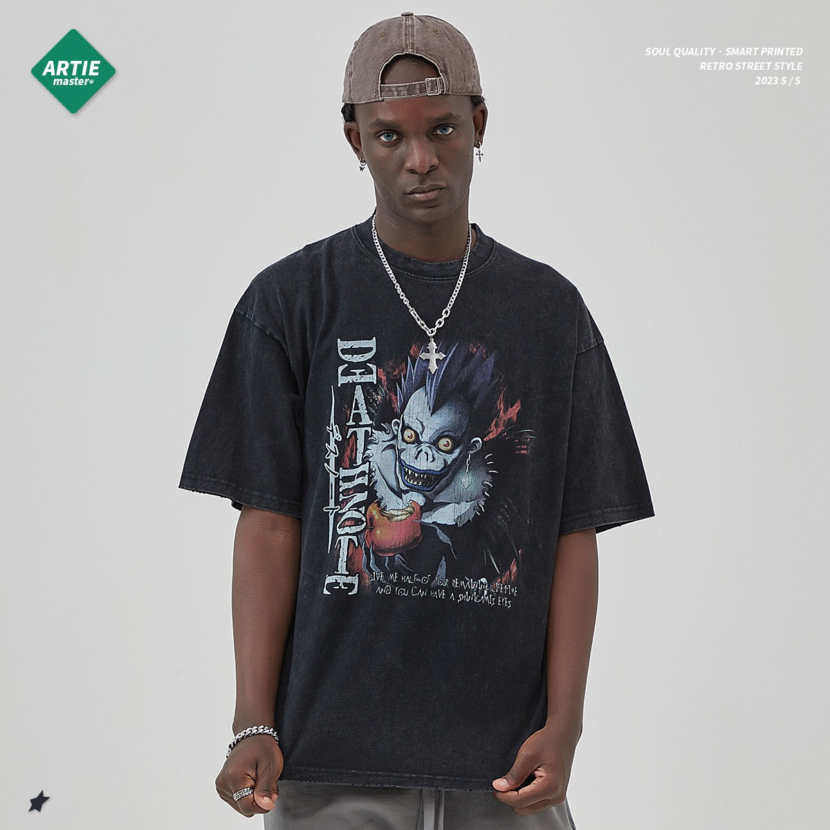 Washed vintage short sleeved T-shirt with distressed edges, white ink direct spray | print VIBE style t-shirt Death Note Anime Shirt