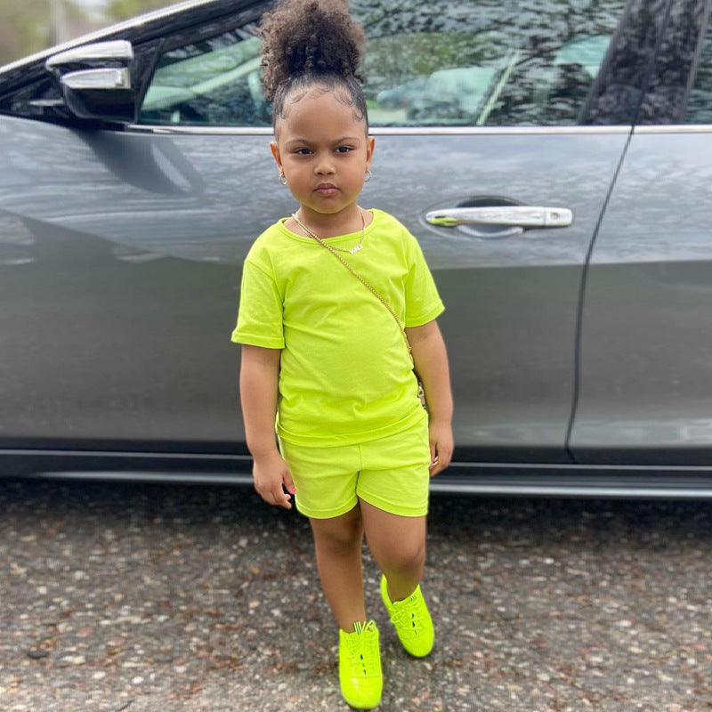 Trendy and Bougie Kids, Unisex, Children's Wear New Boys' And Girls' Suit Candy Color Fashion Solid Color Suit Short Sleeved Shorts