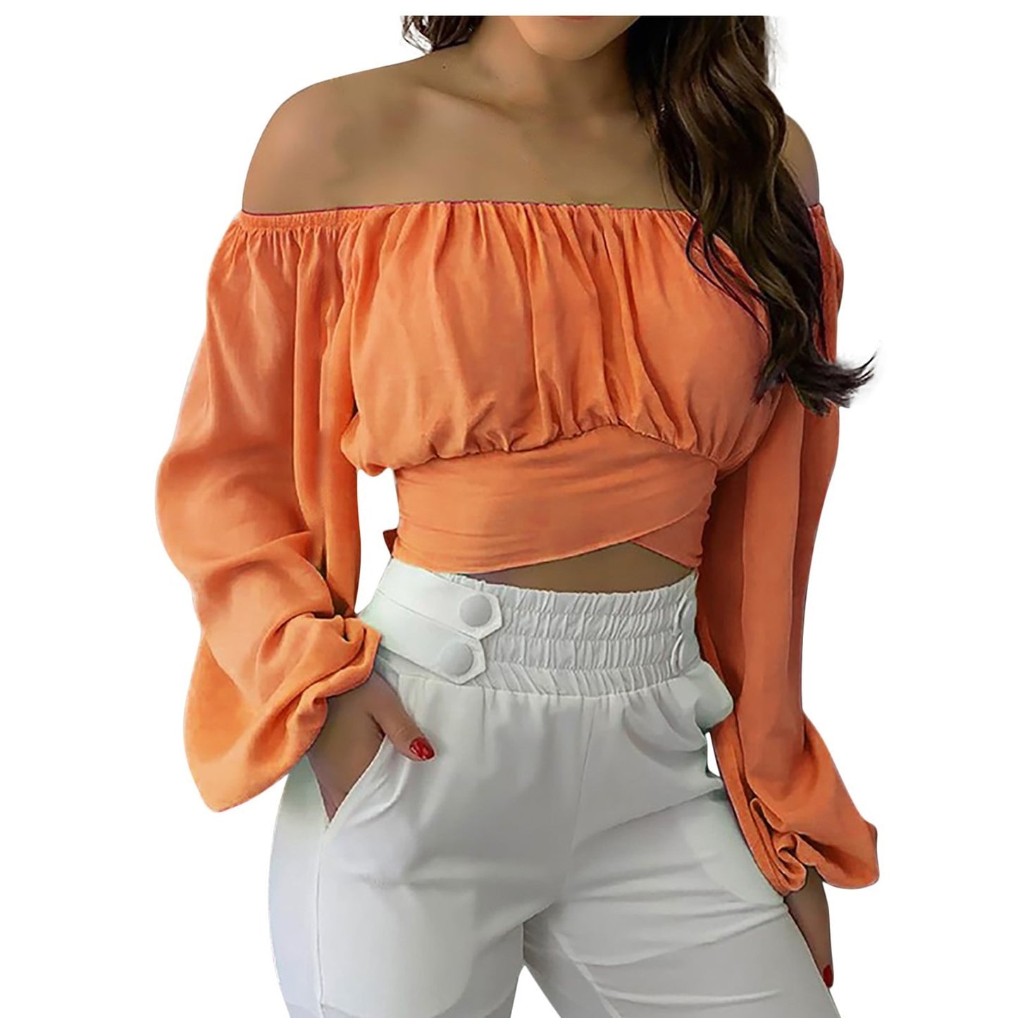 Hillary Heaux Top — Sexy Off-Shoulder Cross Tie Long Sleeve Top for Women | Hot Selling Vacation and Cruise Pullover Blouse | Lantern Sleeve Slim Fit | Europe, America & Caribbean Style