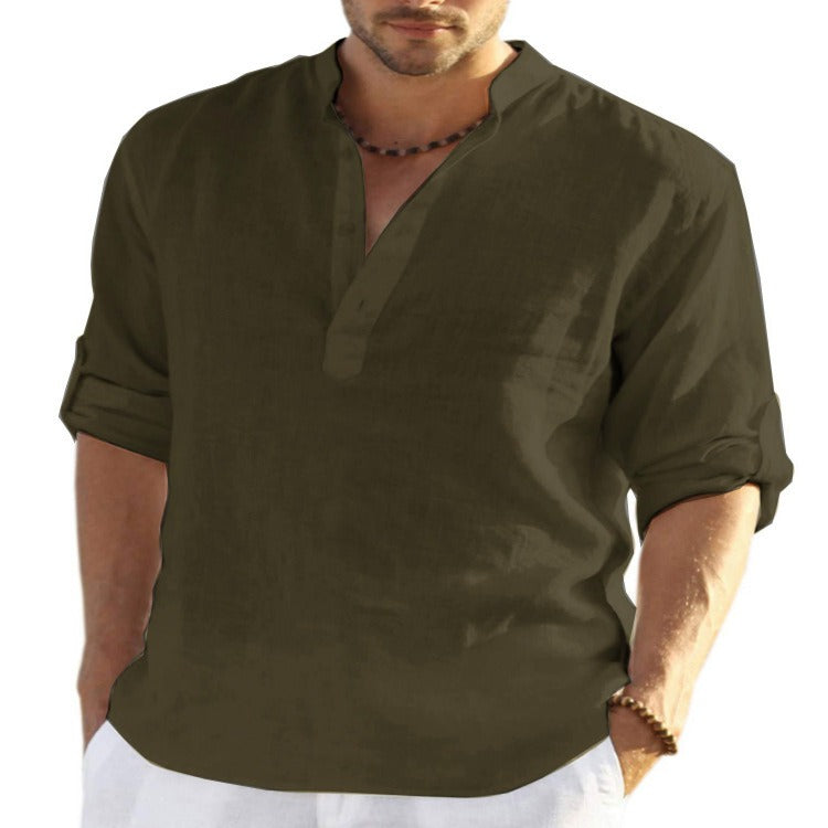 Omega Men Top Linen Shirt | Long Sleeved T Shirt Loose Sweatshirt Solid Color Long Sleeved Cotton Linen Shirt Mens Large