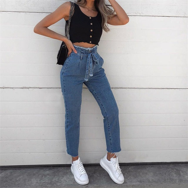 Naomi Women’s High-Waist Paperbag Jeans – Stretch Denim Harem Pants with Belted Tie Waist, Ankle-Length Skinny Streetwear Jeans
| Women High Waist Jeans Sexy Jeans Harem Pants High Streetwear Stretch Pants Black Jeans Women