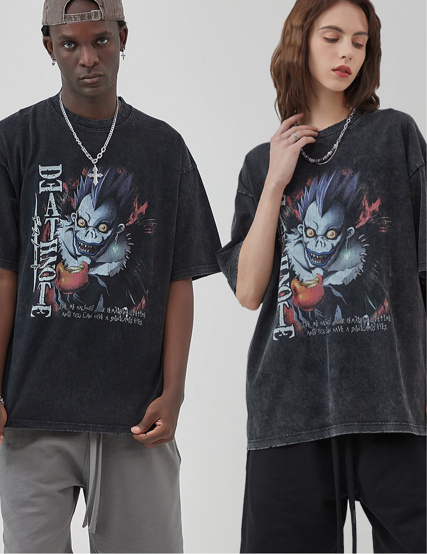 Washed vintage short sleeved T-shirt with distressed edges, white ink direct spray | print VIBE style t-shirt Death Note Anime Shirt