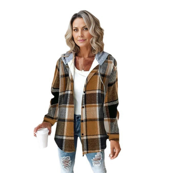 Wilhelmina Women’s Plaid Cropped Jacket with Hood – Autumn and Winter Button-Up Loose Fit Imitation Wool Coat, Streetwear Casual Outerwear | Women's large plaid style women's jacket plaid autumn and winter new style | Country Women’s Shirt