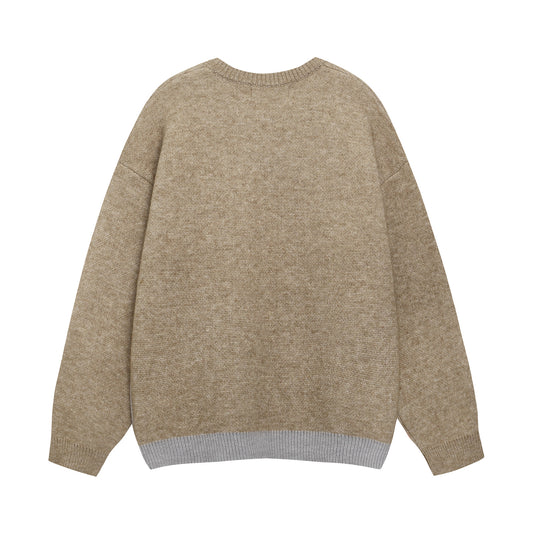 Retro Color Block Polar Bear Jacquard Crew Sweater Unisex Loose Lazy Couple Knit Top