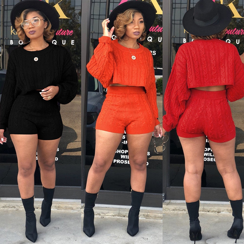 The Kerry | 2 Two Piece Set Women Clothes Autumn Winter Outfits Long Sleeve Knit Sweater Tops+Bodycon Shorts Suit Sexy Matching Sets