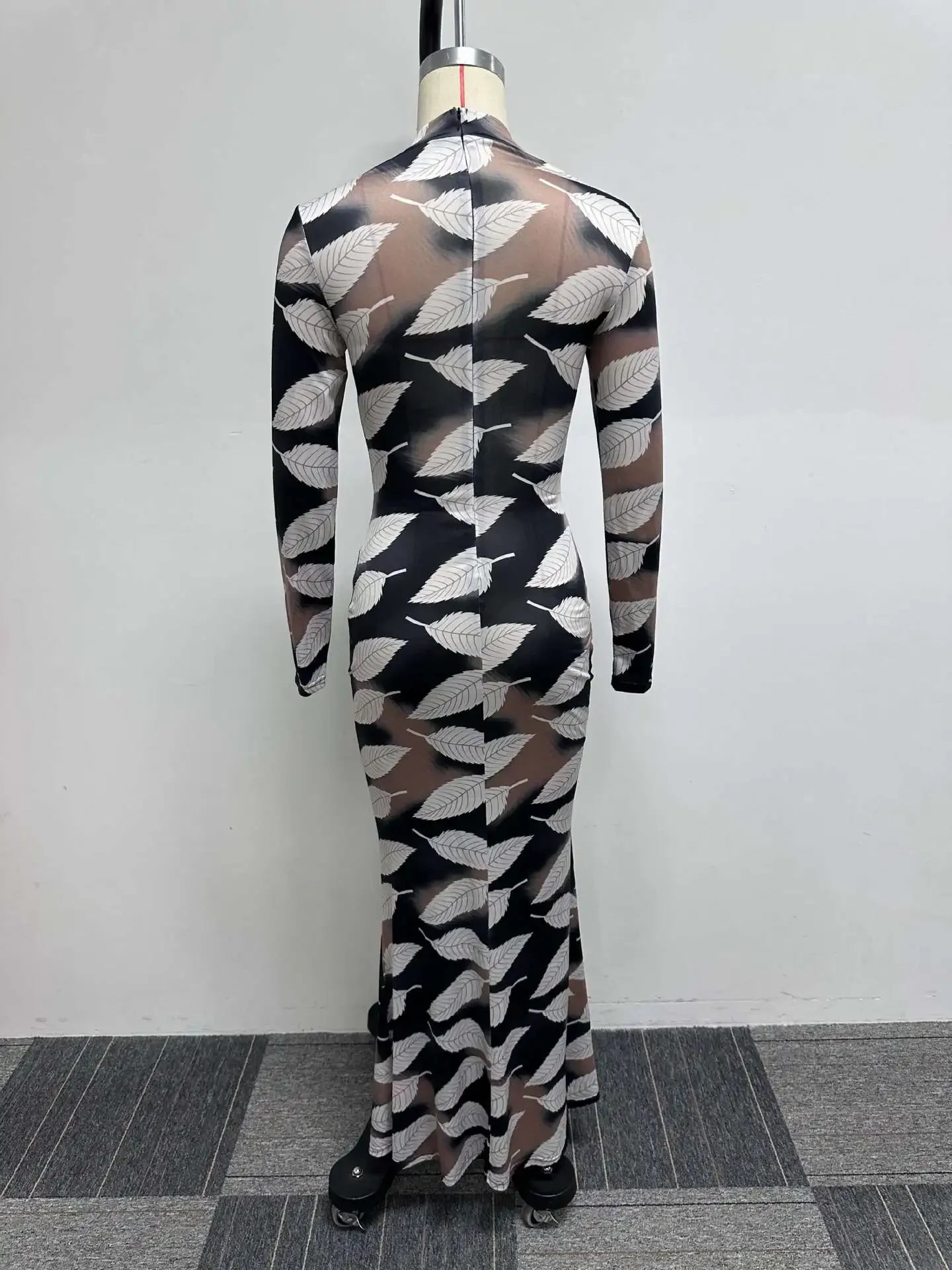 Lennox Leaf Print Long Sleeve Mermaid Dress for Women — Elegant Sexy Fall & Winter Maxi Dress | Long Sleeve Polyester & Cow Milk Silk Bodycon Dress