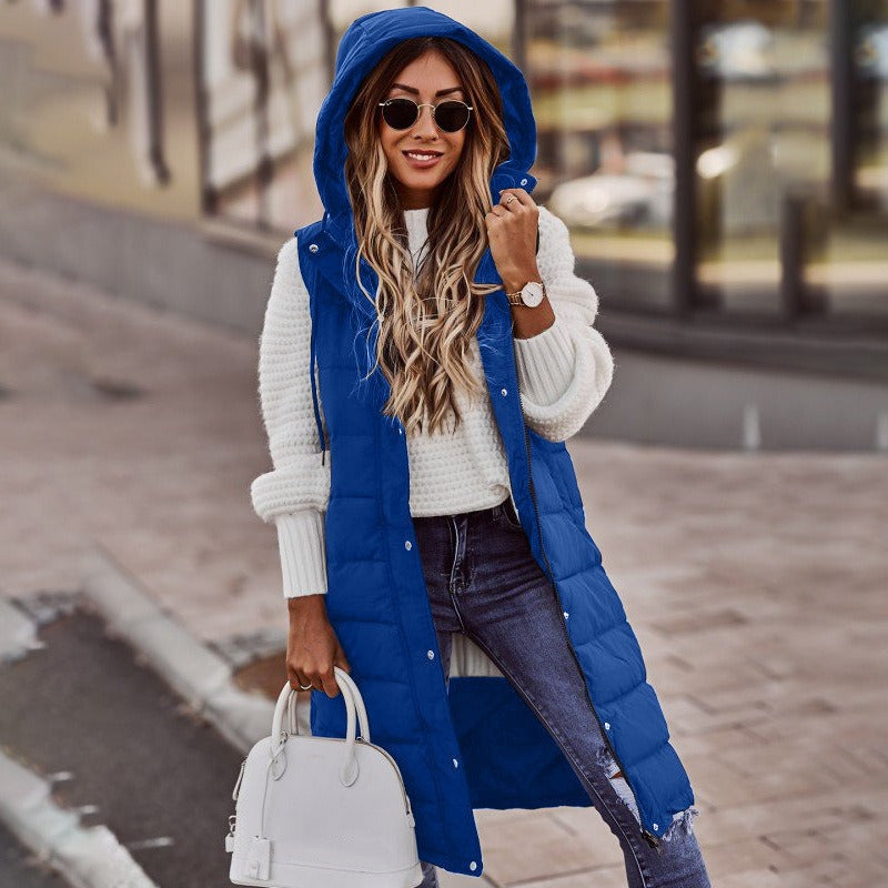 Women’s Hooded Sleeveless Puffer Vest Coat – Mid-Length Cotton-Filled Outerwear Jacket with Zipper, Casual Streetwear Layered Look, Trendy Winter Fashion by Mighty LifNunu Casual Solid Color Hooded Slim Fit Style Sleeveless Cardigan Mid length Cotton Coat