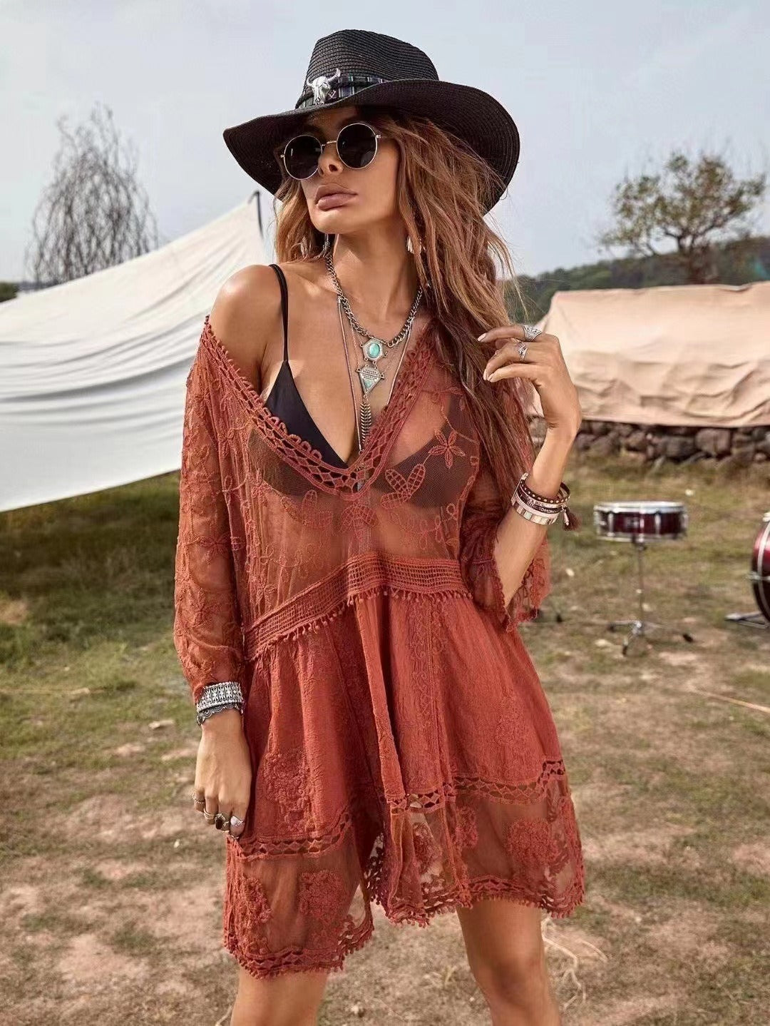 Mighty Lifestyle Beach Top With Lace Hook Flower Hollowed Out Sun Protection Bikini Swimsuit For Women's Outerwear
