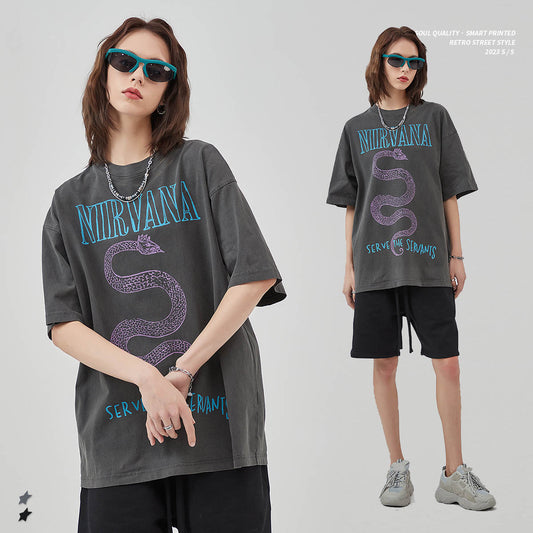 Nirvana Unisex Vintage Wash Shirt | Old Printed Short Sleeve Mens T Shirt European And American High Street Fashion Brand