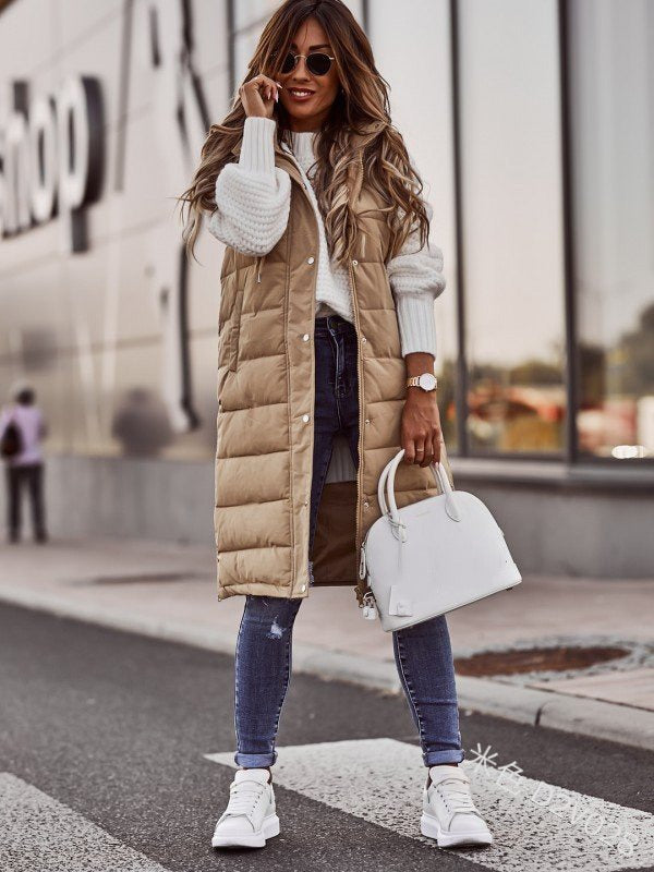 Women’s Hooded Sleeveless Puffer Vest Coat – Mid-Length Cotton-Filled Outerwear Jacket with Zipper, Casual Streetwear Layered Look, Trendy Winter Fashion by Mighty LifNunu Casual Solid Color Hooded Slim Fit Style Sleeveless Cardigan Mid length Cotton Coat