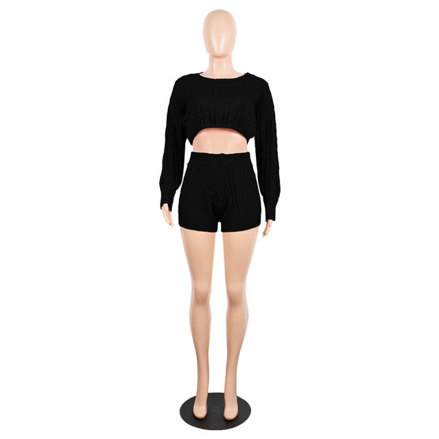 The Kerry | 2 Two Piece Set Women Clothes Autumn Winter Outfits Long Sleeve Knit Sweater Tops+Bodycon Shorts Suit Sexy Matching Sets