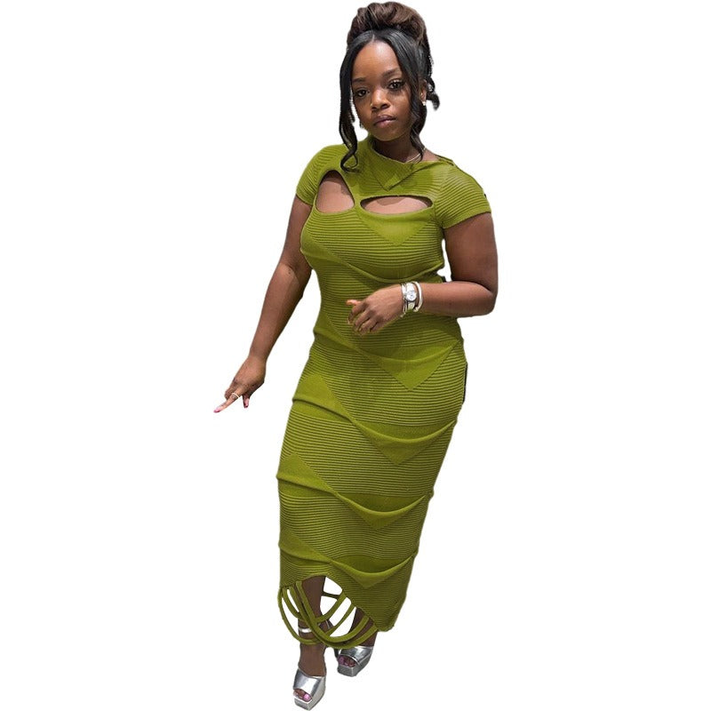 Mighty Lifestyle Angel Hip hop distressed diagonal neckline hollowed out tassel knit solid color short sleeved dress
