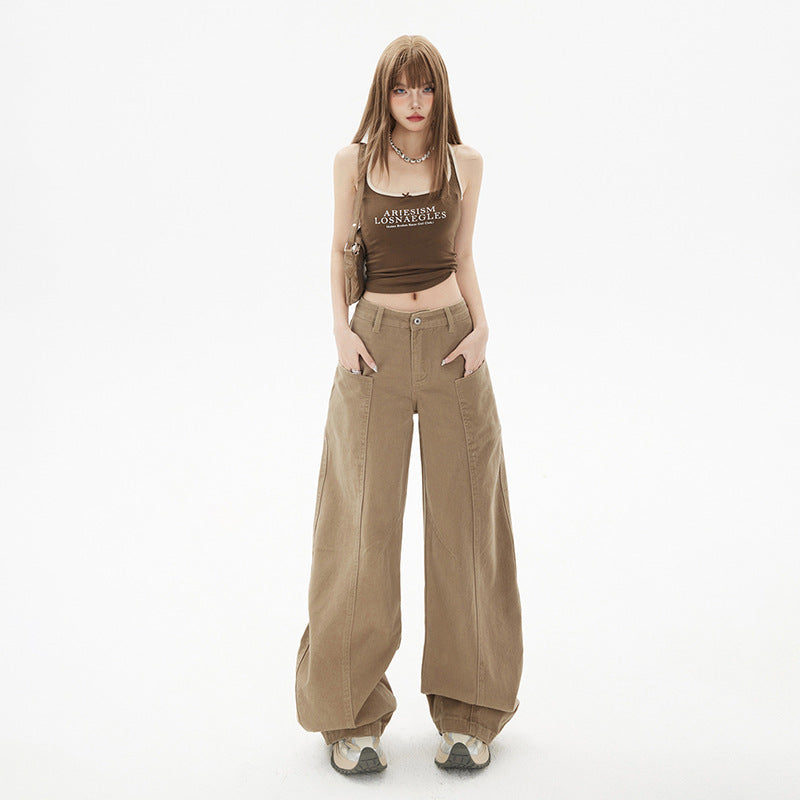 Welby Women's Saber Design Khaki Straight Leg Wide Leg Jeans Trendy Pants Body Casual Pants