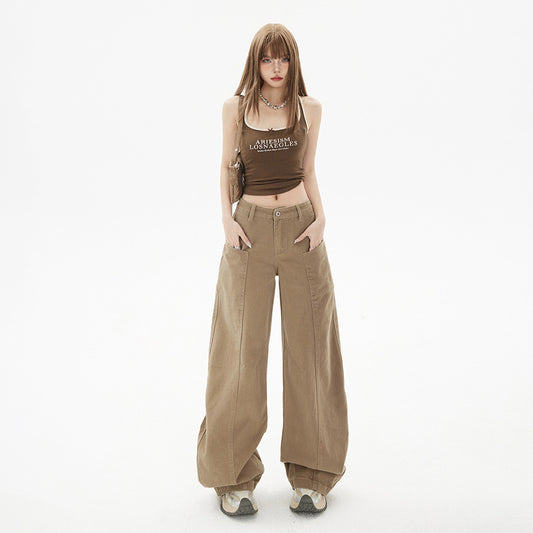 Welby Women's Saber Design Khaki Straight Leg Wide Leg Jeans Trendy Pants Body Casual Pants | Women’s Khaki Wide Leg Jeans – High Waisted Straight Leg Denim Pants, Streetwear Casual Trousers, Trendy Baggy Pants for Women