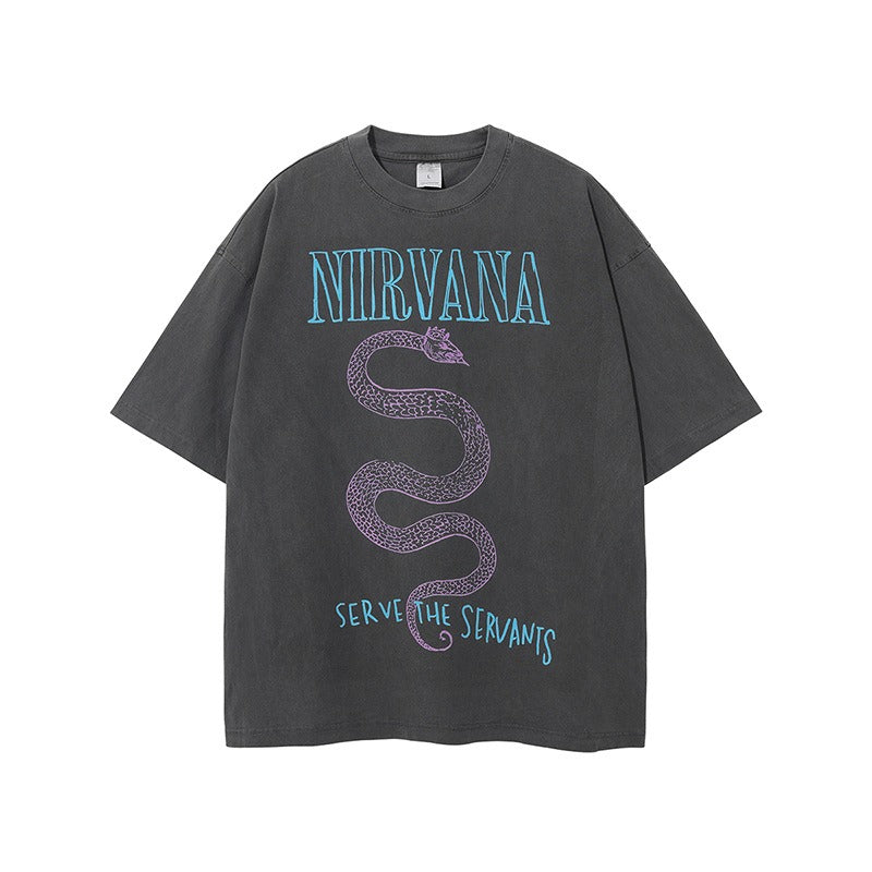 Nirvana Unisex Vintage Wash Shirt | Old Printed Short Sleeve Mens T Shirt European And American High Street Fashion Brand
