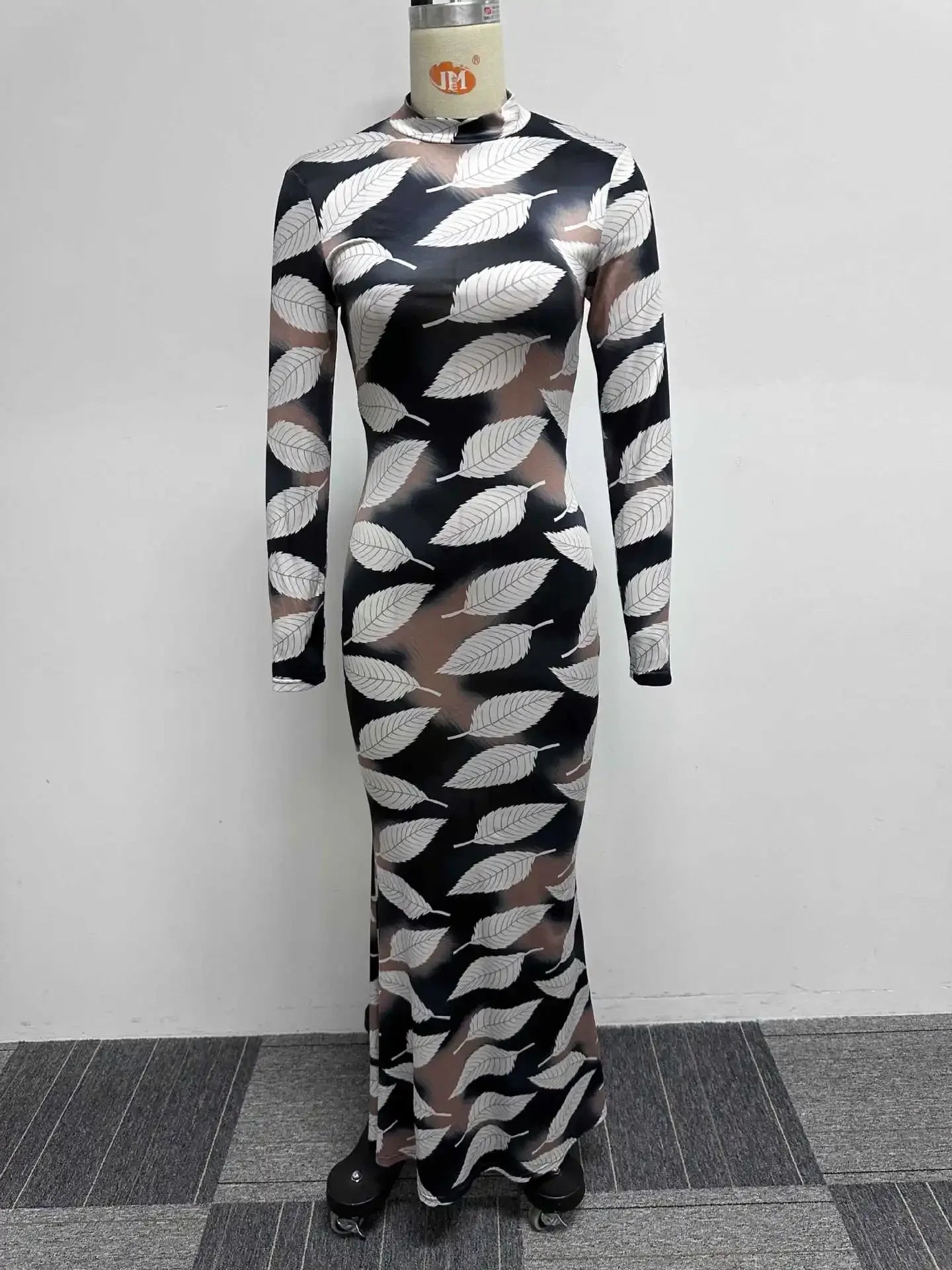 Lennox Leaf Print Long Sleeve Mermaid Dress for Women — Elegant Sexy Fall & Winter Maxi Dress | Long Sleeve Polyester & Cow Milk Silk Bodycon Dress