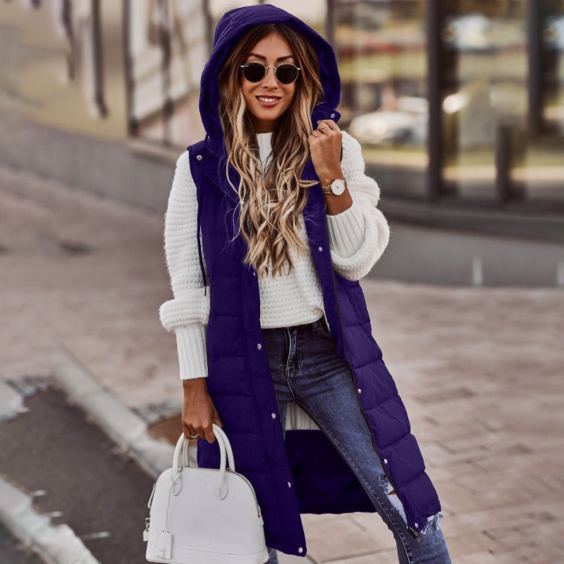 Women’s Hooded Sleeveless Puffer Vest Coat – Mid-Length Cotton-Filled Outerwear Jacket with Zipper, Casual Streetwear Layered Look, Trendy Winter Fashion by Mighty LifNunu Casual Solid Color Hooded Slim Fit Style Sleeveless Cardigan Mid length Cotton Coat