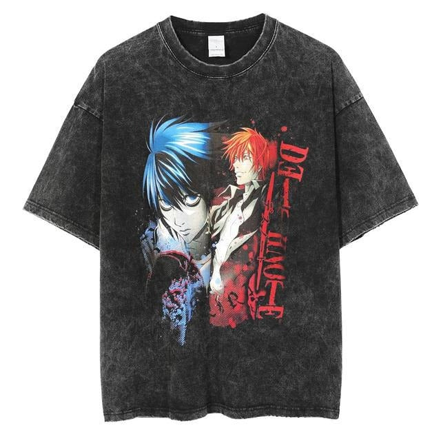 Mighty Lifestyle Washed Anime Death Note retro men's short-sleeved t-shirt summer anime peripheral printed loose t-shirt for men - Blerd Shirt Nerd Shirt