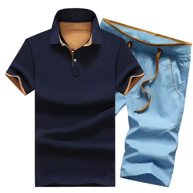 Mikael Men’s 2-Piece Cotton Polo Short Set – Casual Summer Outfit, Button-Up Shirt & Elastic Waist Shorts, Breathable Fashion Set for MenCotton Mens Sets Summer Button Polo Shirts Sets Turn Down Mens Shorts 4XL Men Clothes 2 Piece Set Elastic Waist Shorts
