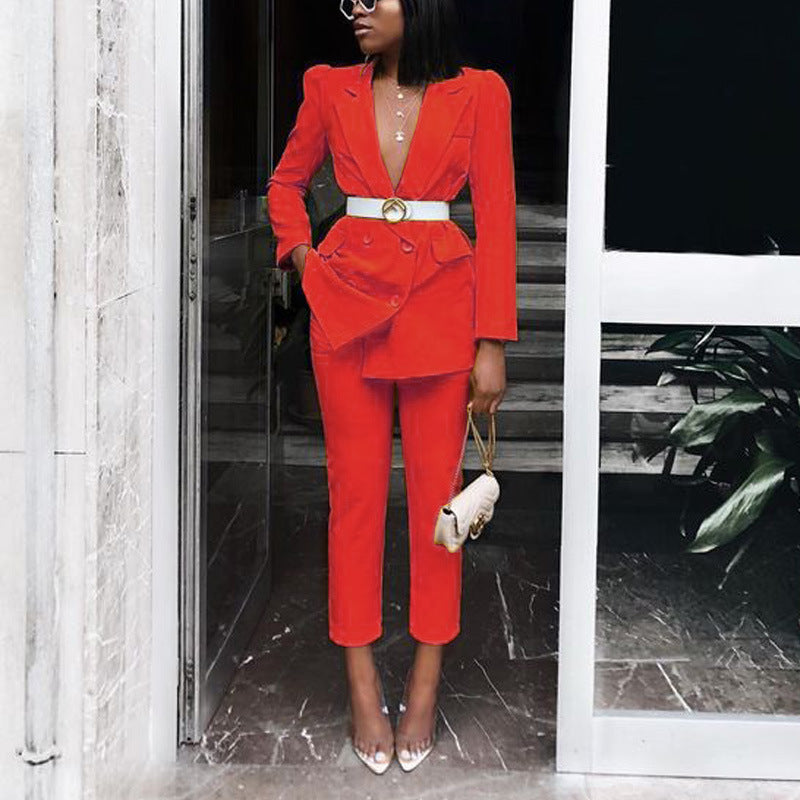 Pastel Women’s Business Suits Beauty Long Sleeved Suit Solid Color Two Piece Suit With Belt