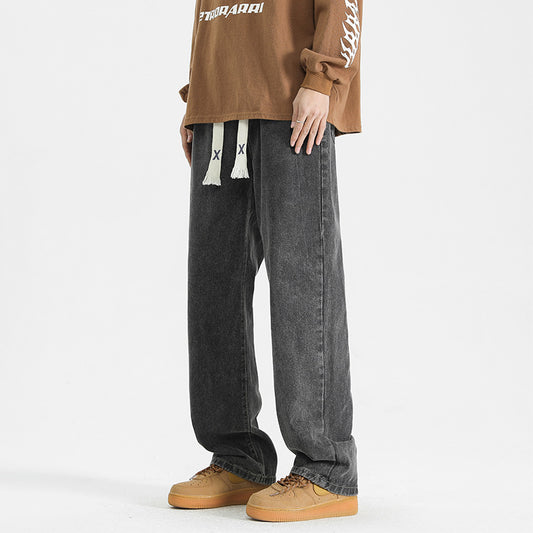 Sway Jeans Straight Leg Loose Fit Jeans for Men & Teens – Trendy Japanese Streetwear Cotton Denim Pants Trendy Straight Leg Jeans Loose Long Trousers Adult Male or Teenagers Rope Drawstring Jeans