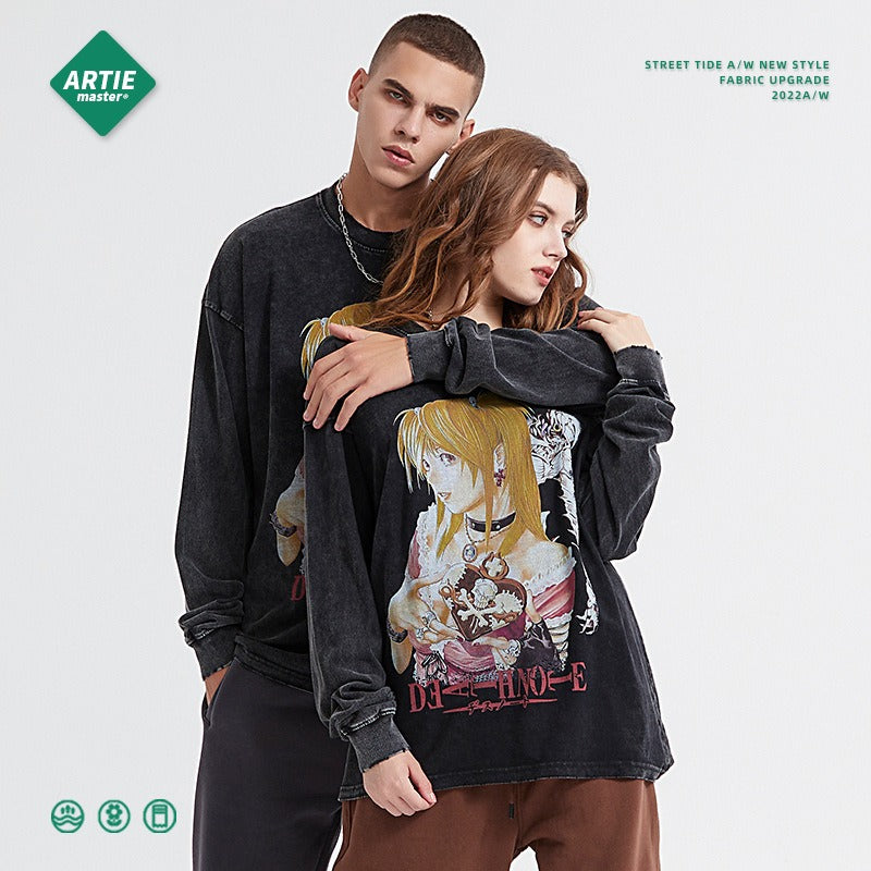 Death Note Digital Printed Long sleeved Retro Trendy Brand Dark Wash Wax Dyed Old T-shirt Anime