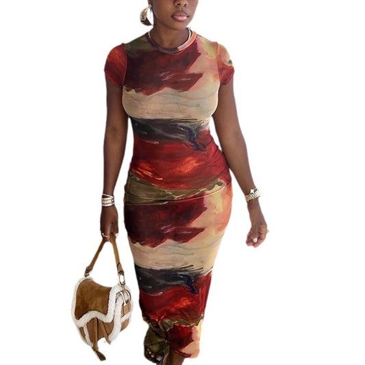 Mighty Lifestyle Rell Round necked pullover short sleeved buttocks wrapped skirt, elegant casual dress