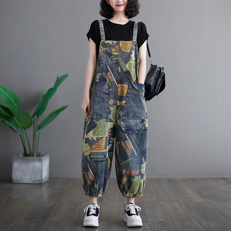 Women’s Retro Printed Denim Overalls – Artistic Loose Fit Jumpsuit, Vintage High Waist Wide Leg Pants, Korean Streetwear Casual One-Piece Fashion | Artistic retro printed denim overalls for women fashionable ankle binding one-piece overalls