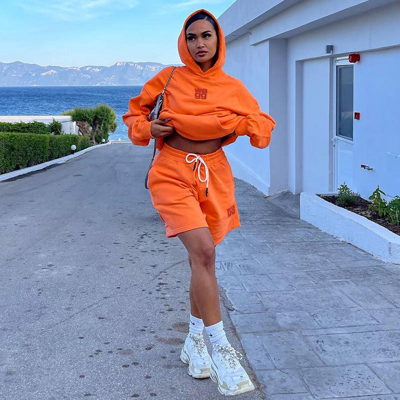 Arianna Outfit Set, Two Piece Set, Women's New Solid Embroidery Loose Sweater Drawstring Shorts Set