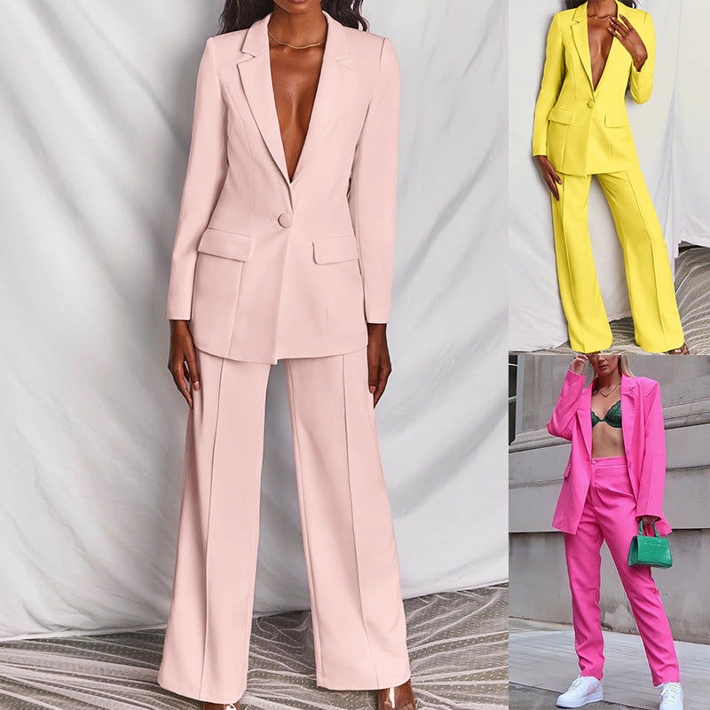 Jessamyn Suit | Solid Color Retro Long Sleeved Pants Suit Small Suit Temperament Commuter V-Neck Suit